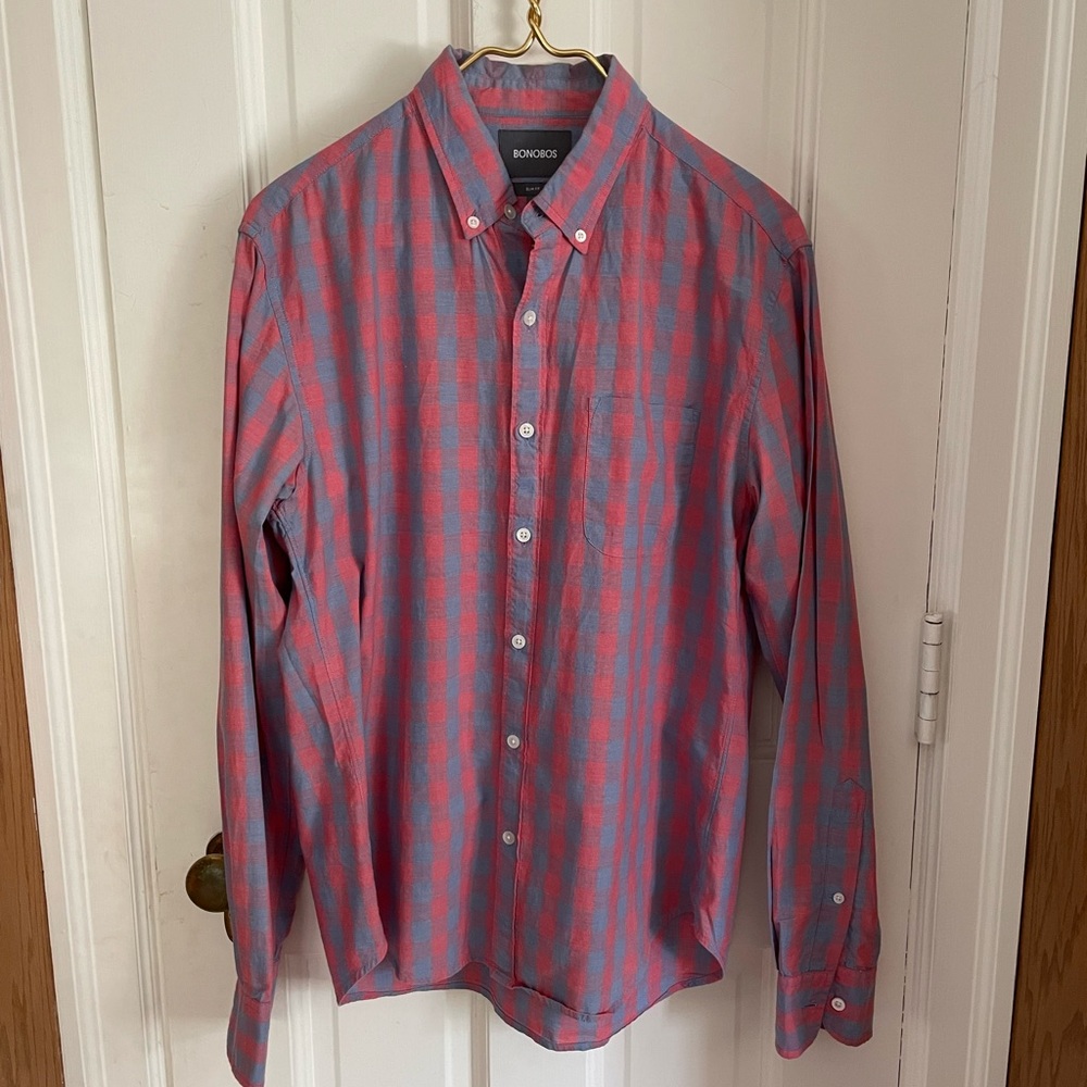 Bonobos Slim Fit Checkered Plaid Red and Blue Button Down Long Sleeve Shirt